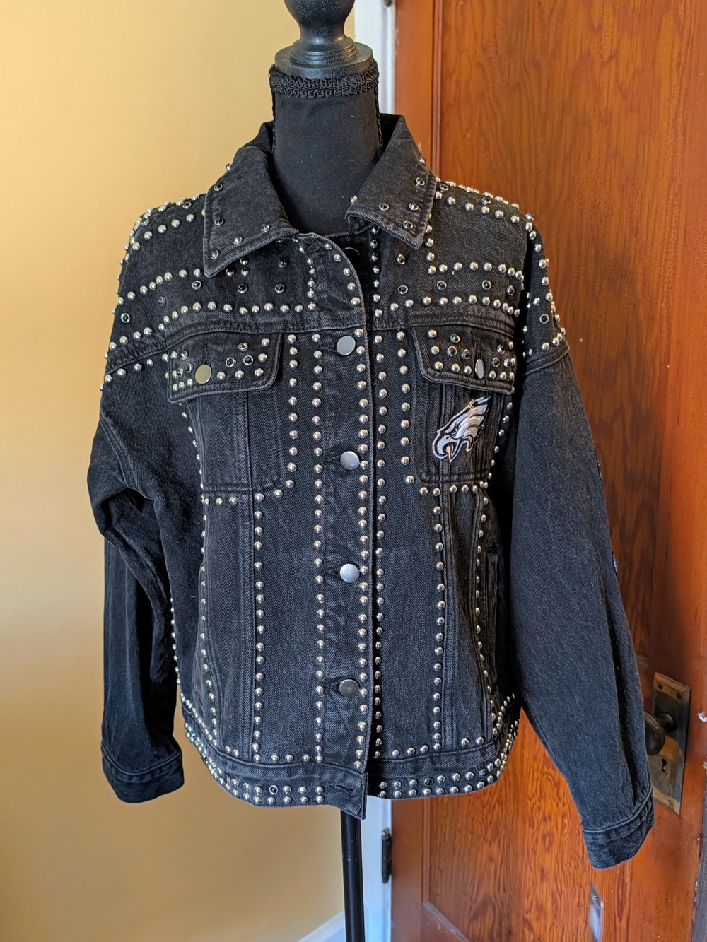Oversized Small Studded Black Philadelphia Eagles Denim Jacket